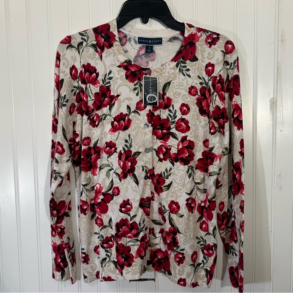 Karen Scott Cardigan Sweater M NEW NWT White Beige Cream Red Floral - Picture 3 of 3